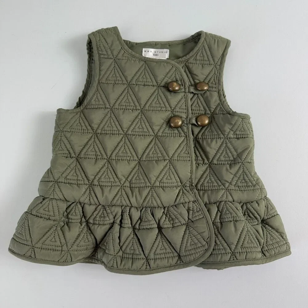 Max Studio Kids Green Geometric Quilted Vest Girls Size 18 Months